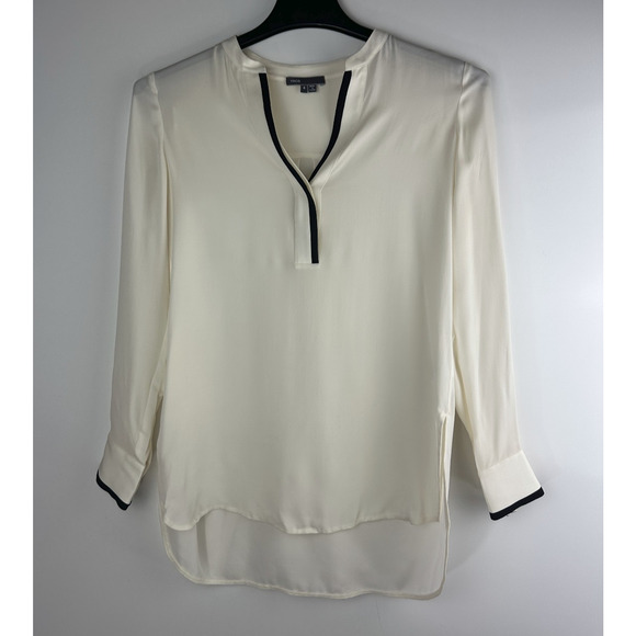 Vince Tipped Contrast 100% Silk Blouse Tan Size 4 Office Quiet Luxury Minimalist - Picture 2 of 12